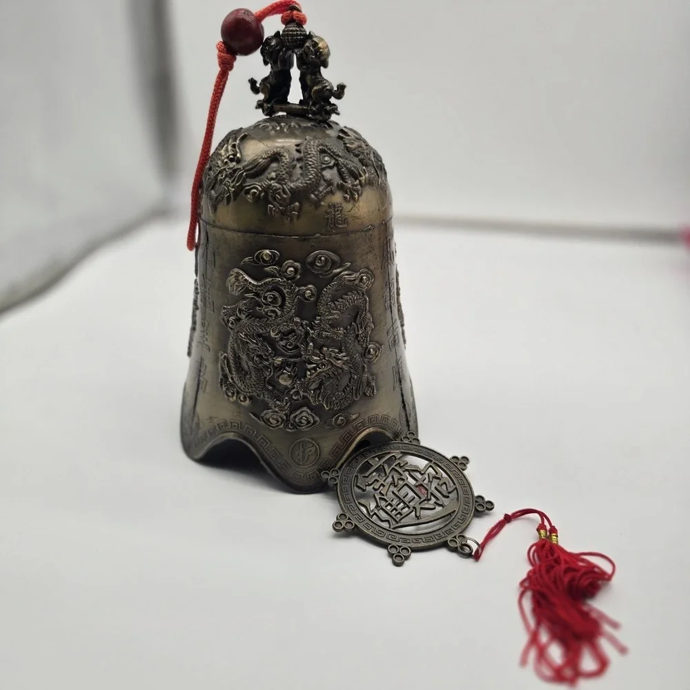 Vintage Chinese‎ Brass Bell with Dragon & Foo Dog Motif For Luck & Wealth